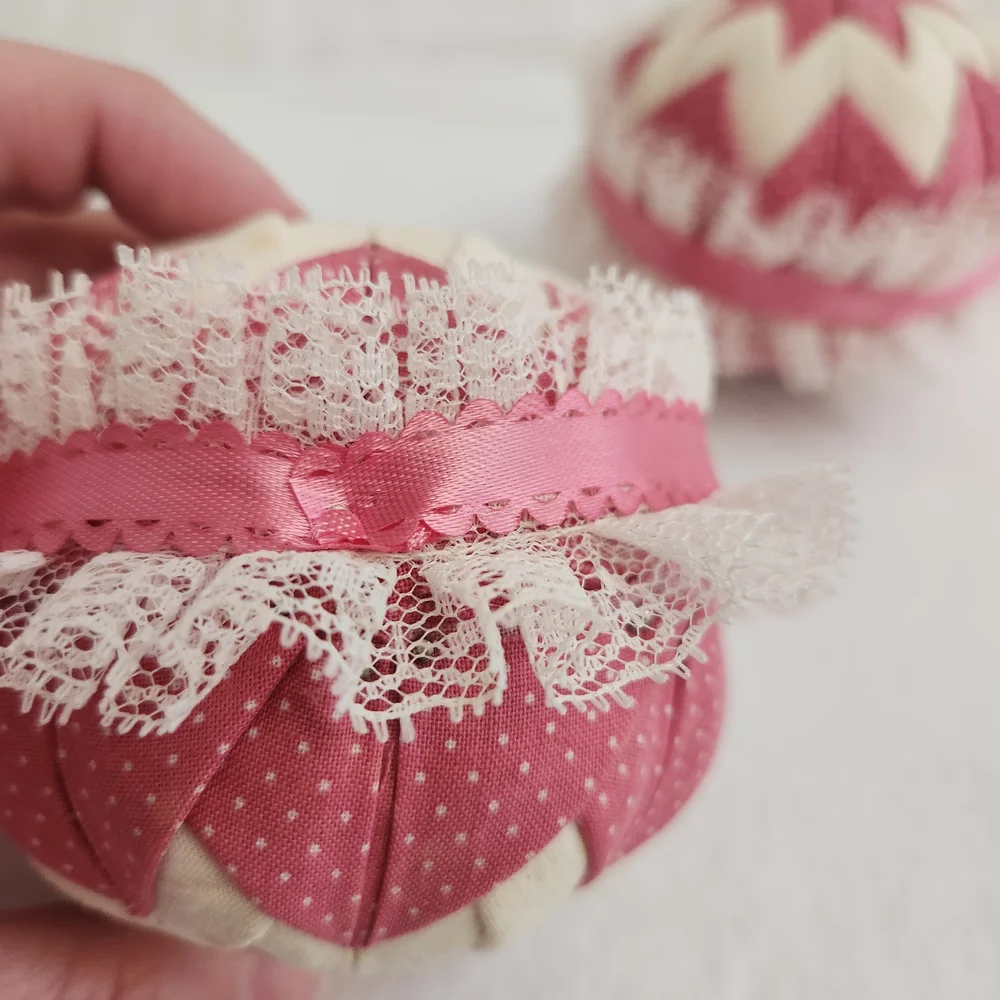 Pink and White Quilted Ball Christmas Ornaments